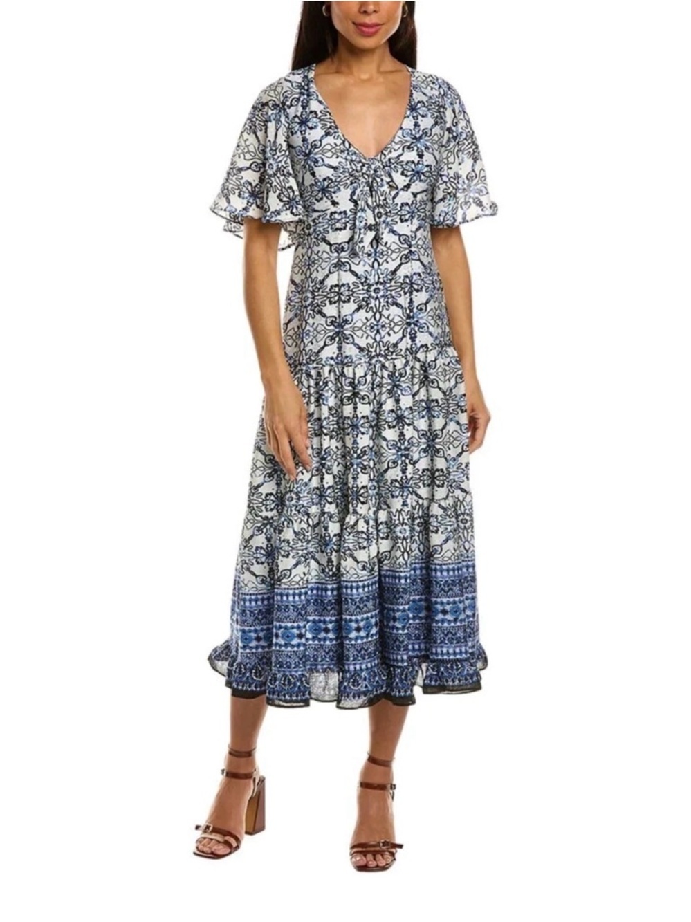 Taylor Blue and White Floral Tiered V-Neck Midi Dress